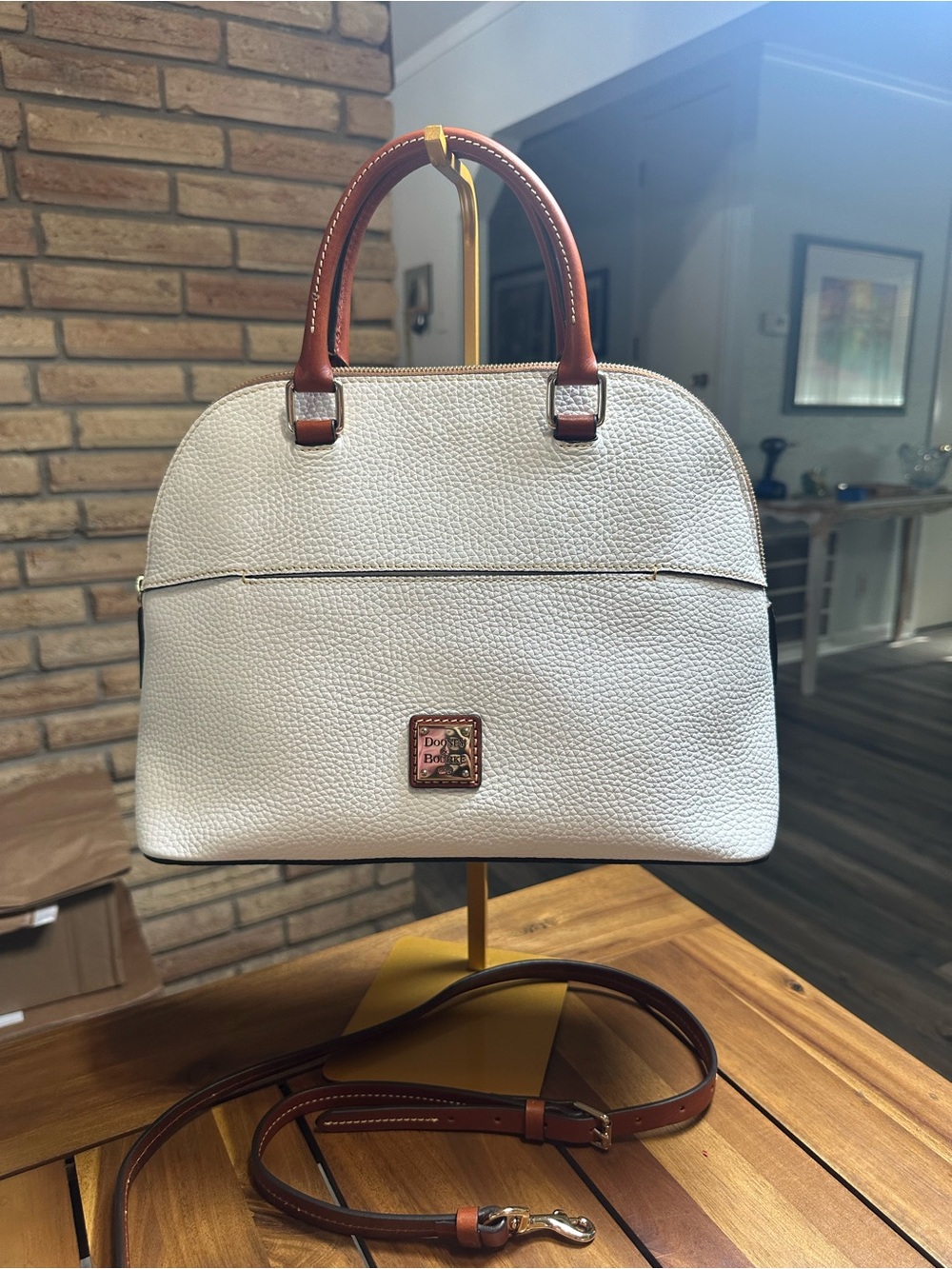 Dooney & Bourke White Pebbled Leather Carter Satchel with Brown Trim